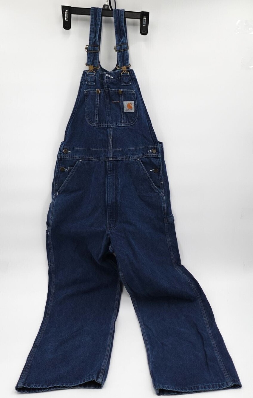 Carhartt Bib Overalls Mens 34 Blue Denim Workwear Rugged Carpenter R07-DST